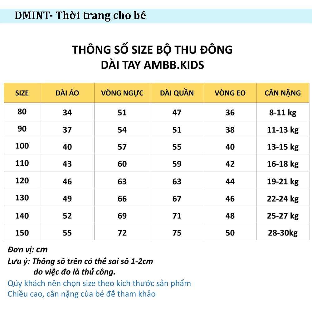 Bộ thu đông dài tay cho bé trai/ gái DMINT chất cotton co giãn thoải mái- Bộ ngủ trẻ em hãng Ambb Kids 1- 8 tuổi