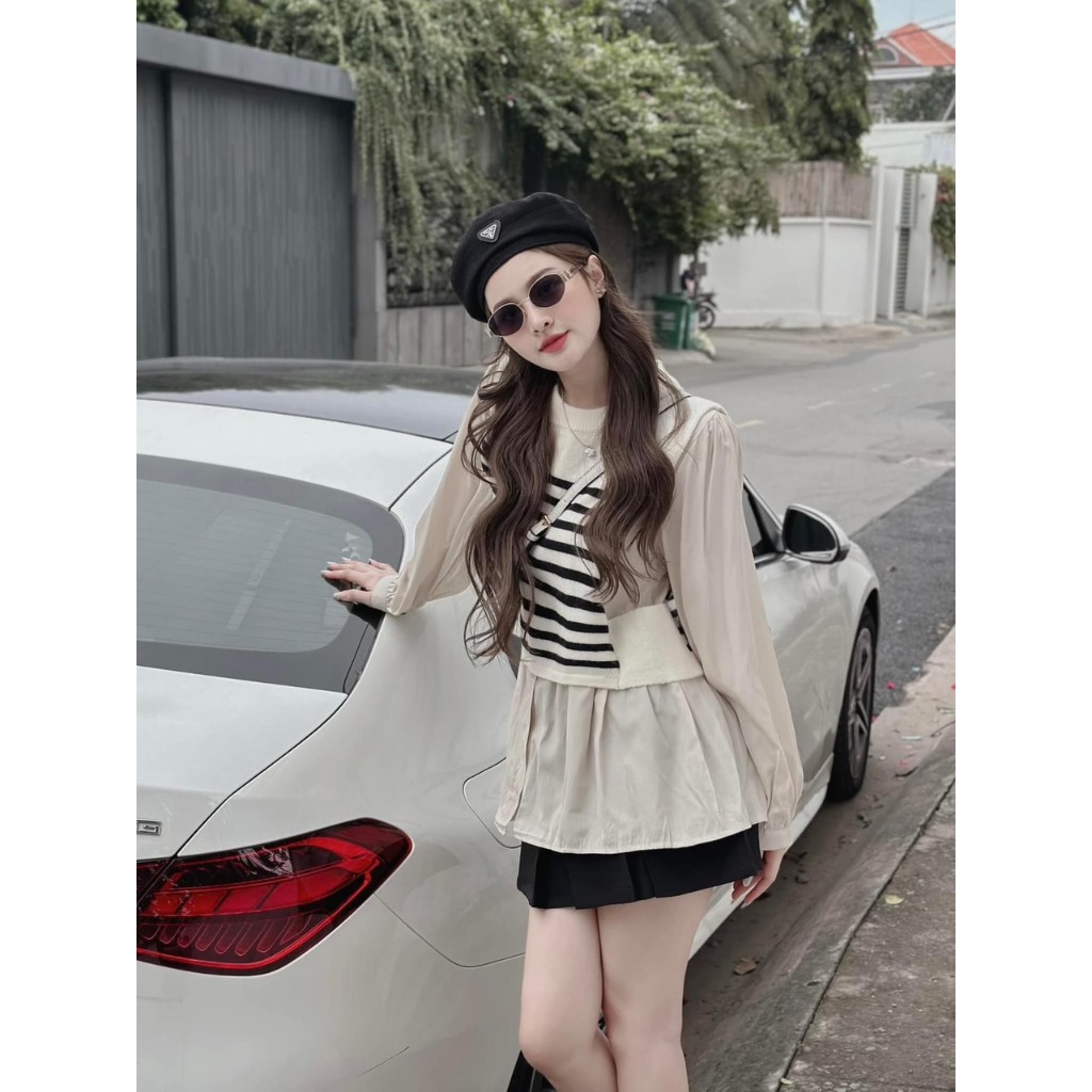 SET 3 MÓN GILE KEM: ÁO BBD KEM + ÁO GILE SỌC + CHÂN VÁY ĐEN