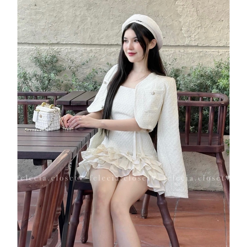 SET ĐẦM BỐ DẠ 2 DÂY BÈO TẦNG ĐUÔI CÁ + ÁO KHOÁC DẠ KEM TAY DÀI + THẮT EO NƠ