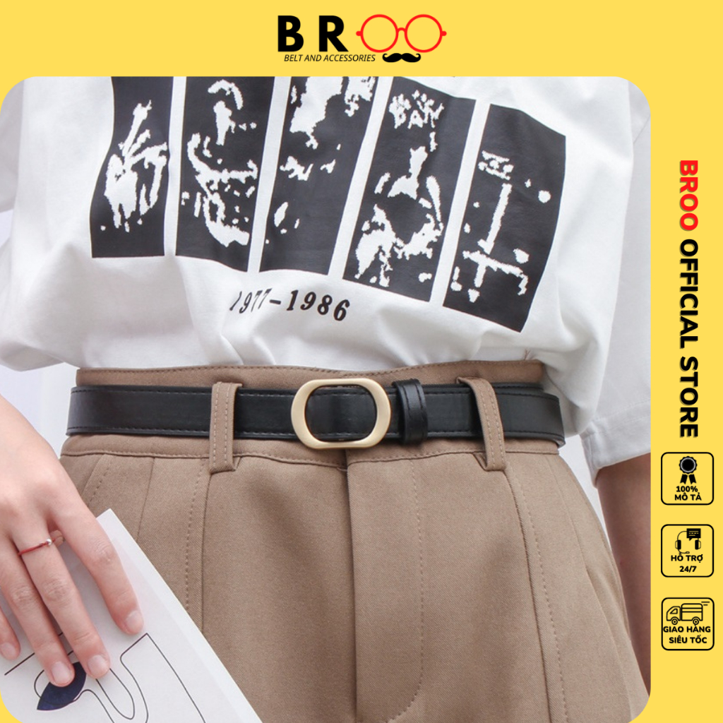 Thắt lưng bản nhỏ BROO dây nịt lưng unisex mặt vàng trang nhã bản 2.3cm không cần lỗ bấm cho nam nữ