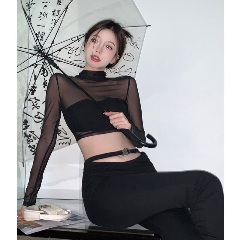 Áo thun croptop tay dài cổ lọ phối lưới xuyên thấu hở lưng màu đen trơn hàng QC cao cấp M03