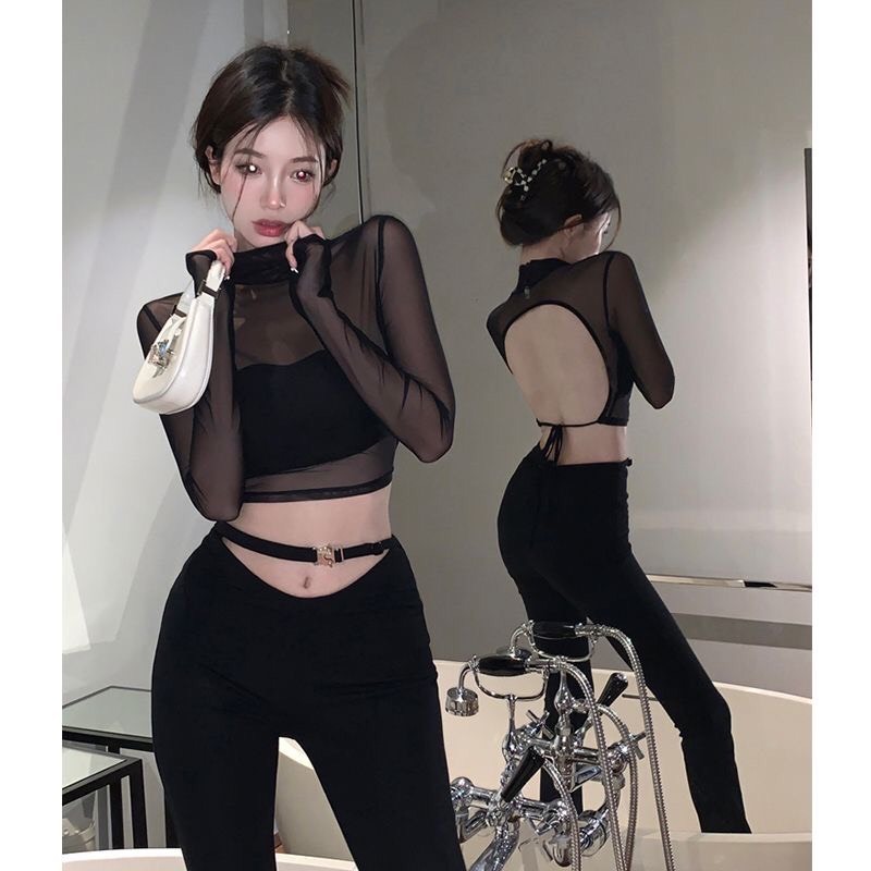 Áo thun croptop tay dài cổ lọ phối lưới xuyên thấu hở lưng màu đen trơn hàng QC cao cấp M03