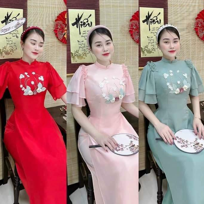 Áo Dài Cách Tân Nữ Hoa Tay Bồng Cánh Tiên May Sẵn Thiết Kế Họa Tiết Thủ Công Dự Tiệc Lễ Tết SALE