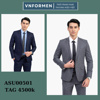 Bộ Suit nam,bộ com lê Aristino họa tiết kẻ caro form ôm thiết kế 2 khuy co giãn nhẹ ASU00501-