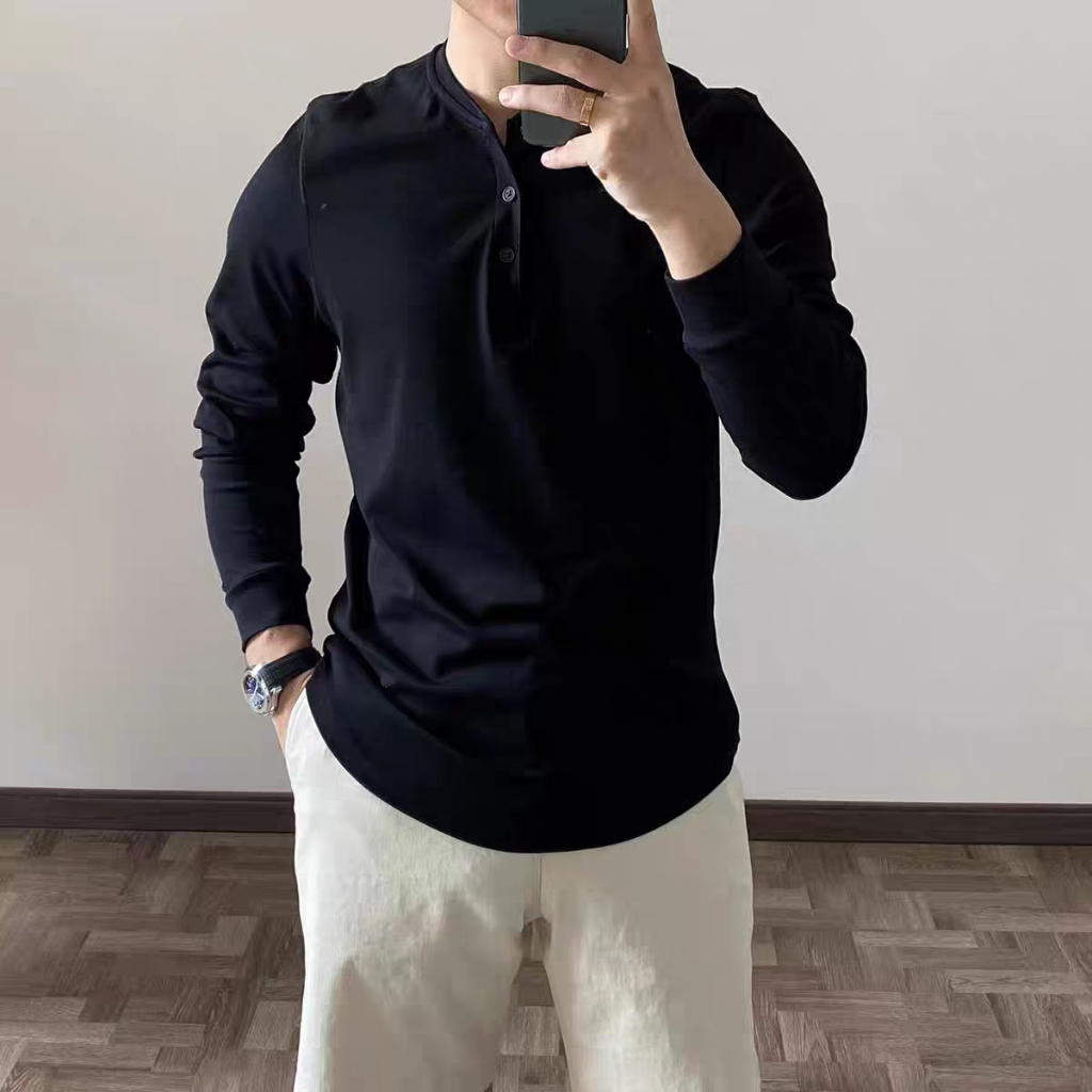 Áo Polo cổ tàu nam dài tay áo thun nam dài tay cổ tàu kiểu dáng Hàn Quốc vải cotton mềm co giãn