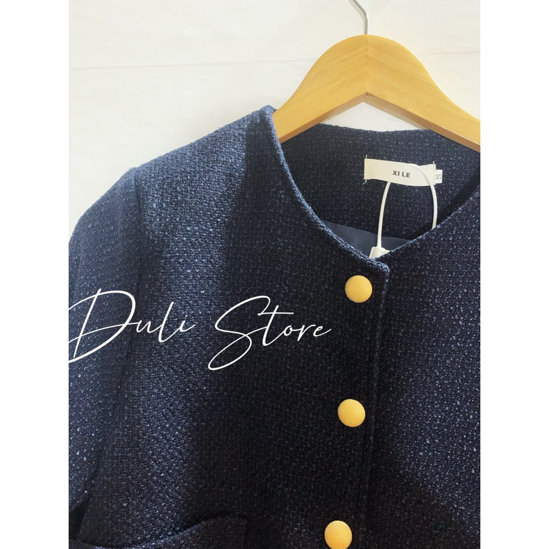 - Áo khoác dạ Tweed màu xanh navy phong cách Retro hàng đẹp Mới 2023
