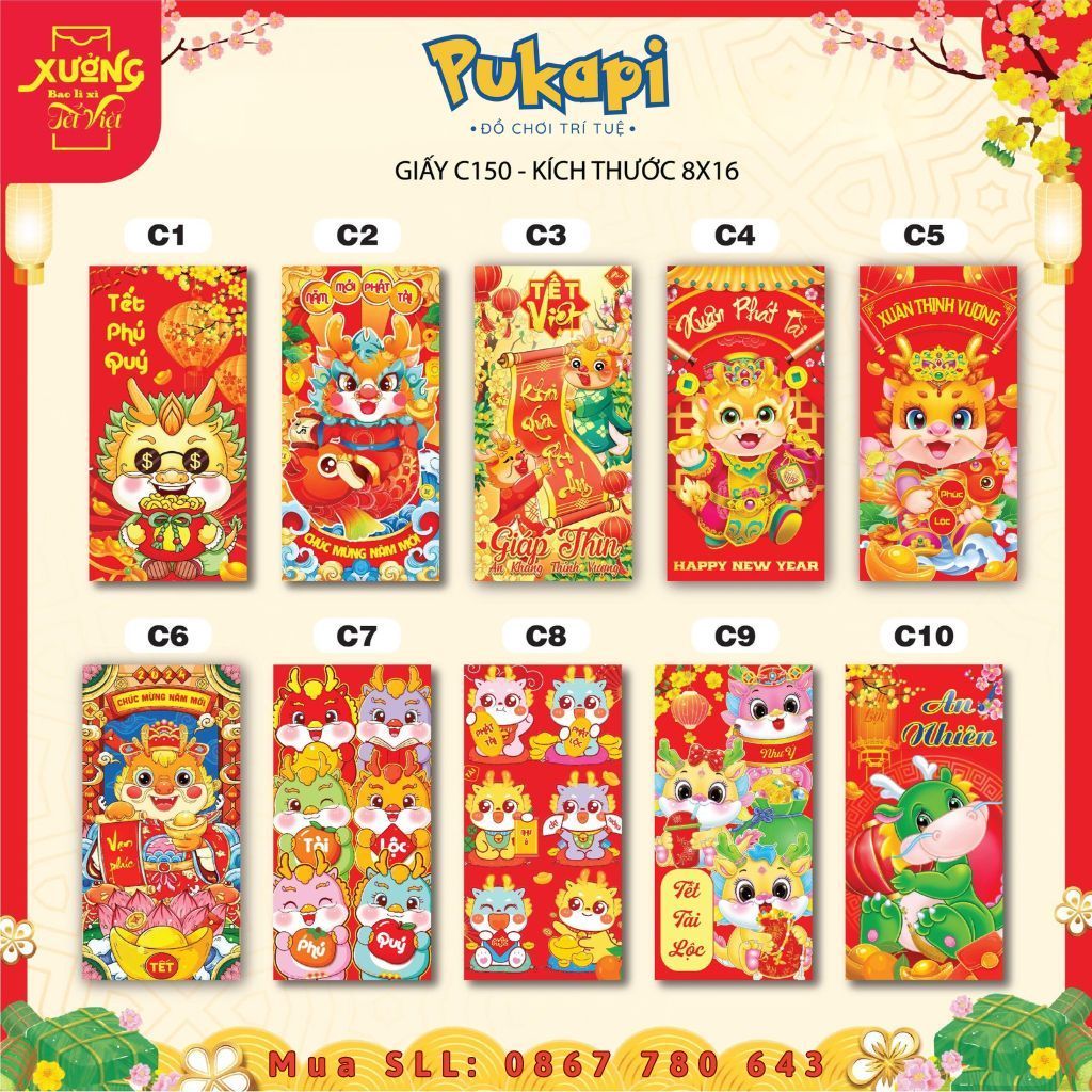 Combo 10 Bao Lì Xì Tết Truyền Thống Năm Giáp Thìn 2024 PUKAPI