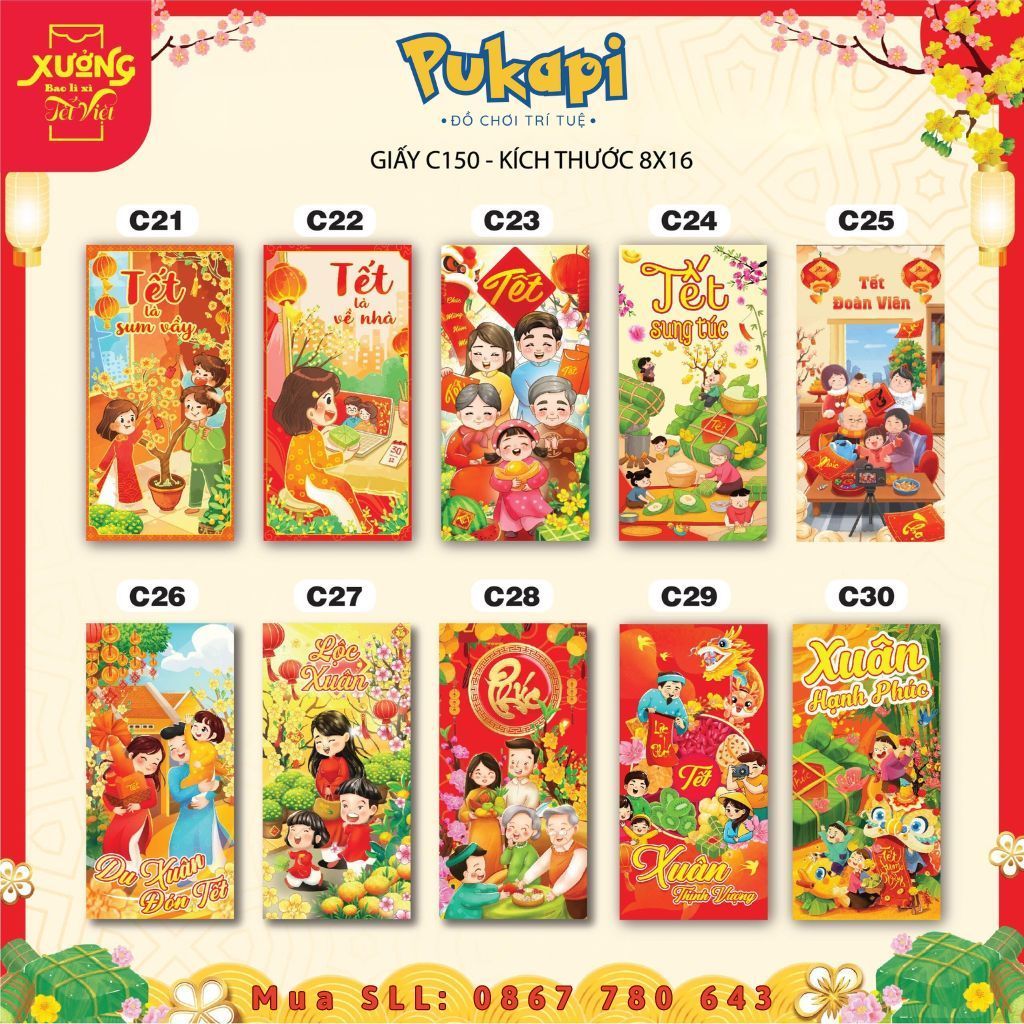 Combo 10 Bao Lì Xì Tết Truyền Thống Năm Giáp Thìn 2024 PUKAPI
