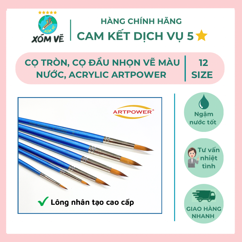 Cọ nhọn, cọ đầu tròn vẽ màu nước, màu acrylic ARTPOWER hàng tốt, nhiều kích thước.