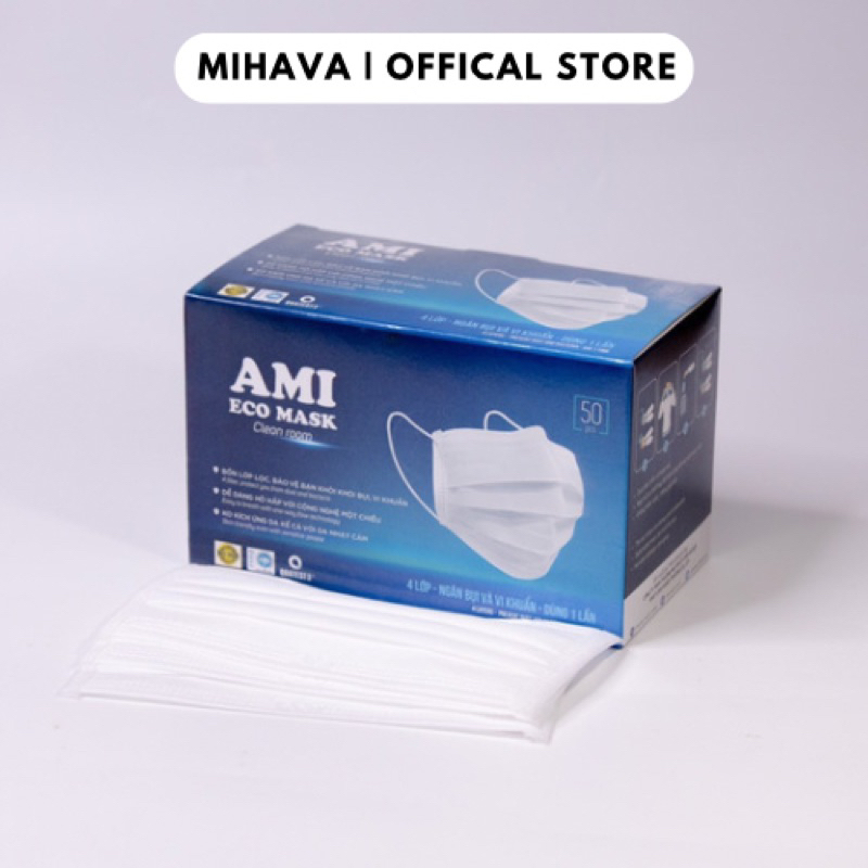 Khẩu trang y tế AMI 4 lớp kháng khuẩn hàng chính hãng hộp 50