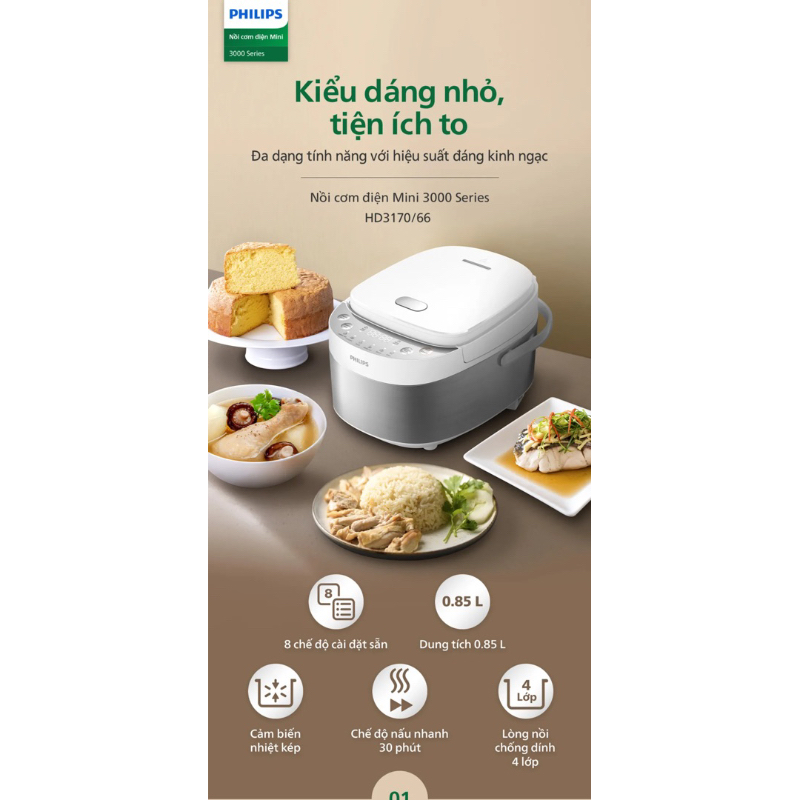 Nồi Cơm Điện Tử Mini Philips HD3170 /66 | 600W | 0.85 Lít - Hàng Chính Hãng - Bảo hành 24 tháng