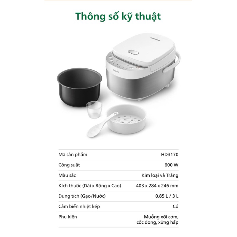 Nồi Cơm Điện Tử Mini Philips HD3170 /66 | 600W | 0.85 Lít - Hàng Chính Hãng - Bảo hành 24 tháng