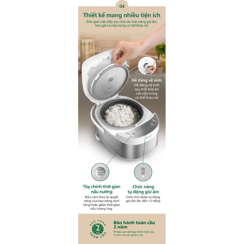 Nồi Cơm Điện Tử Mini Philips HD3170 /66 | 600W | 0.85 Lít - Hàng Chính Hãng - Bảo hành 24 tháng