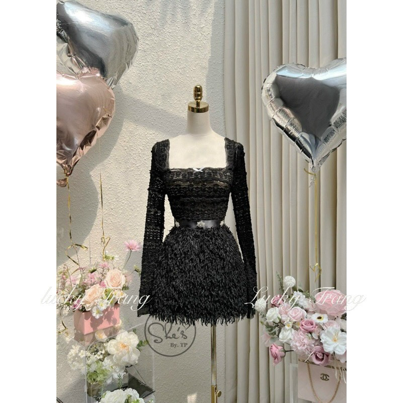 Set áo ren mix chân váy lông mềm sang chảnh