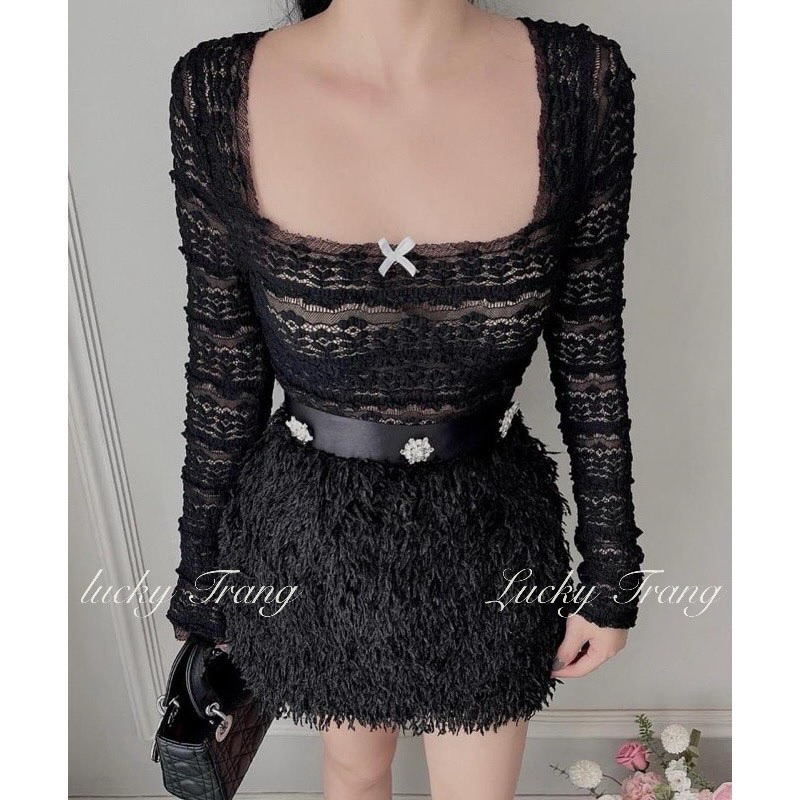 Set áo ren mix chân váy lông mềm sang chảnh