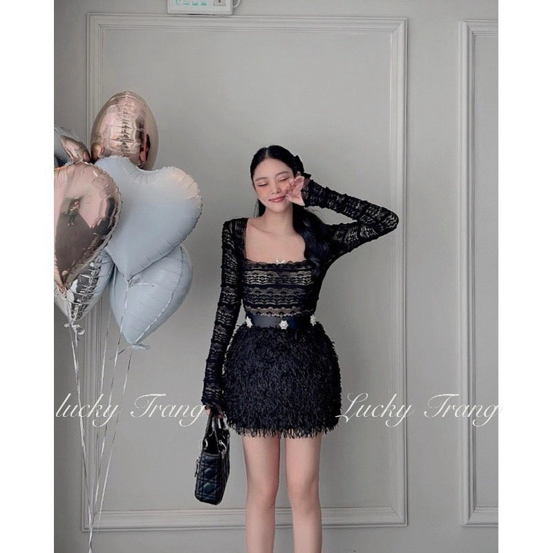 Set áo ren mix chân váy lông mềm sang chảnh