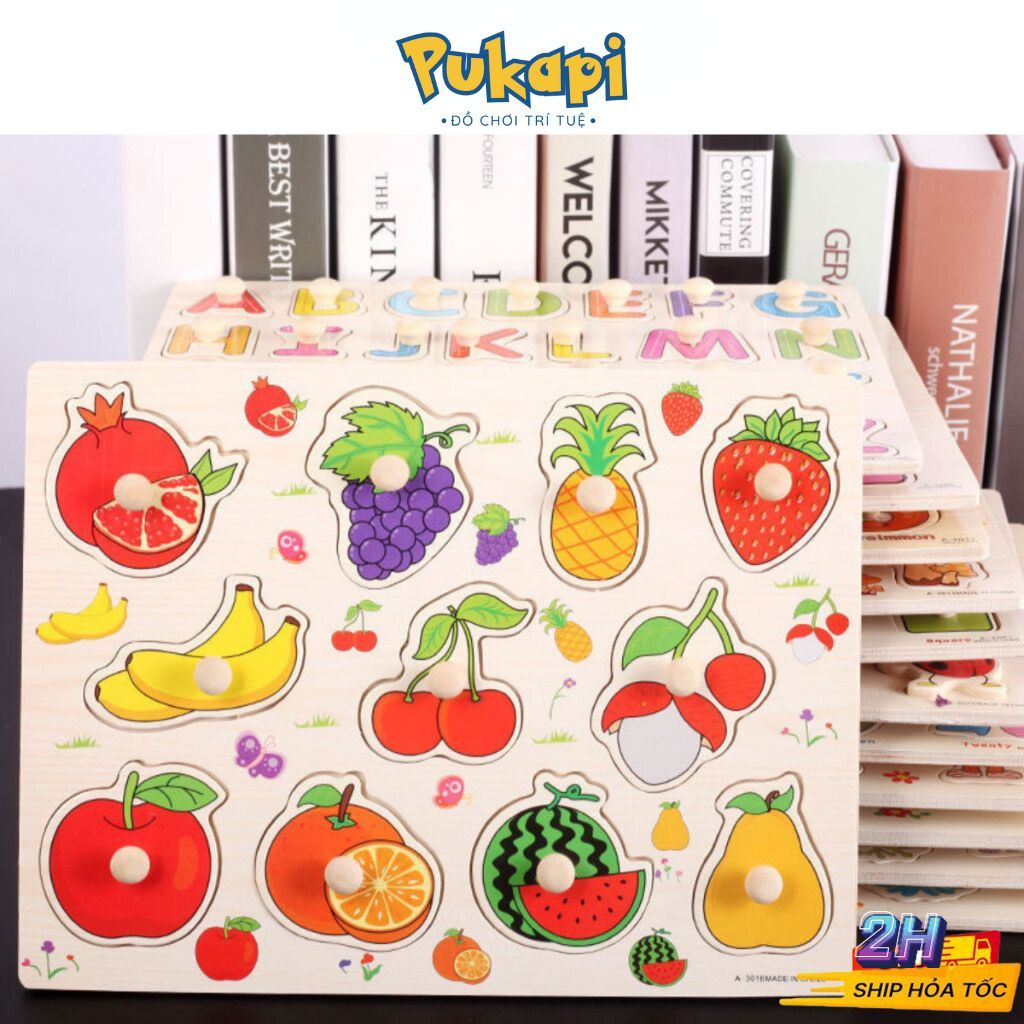 Bảng Núm Gỗ, Bảng Ghép Gỗ Có Núm Cho Bé Học Chữ Cái, Ghép Hình, Nhận Biết Con Vật PUKAPI