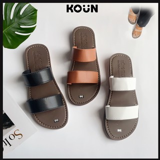Dép nữ quai ngang thời trang, đế bệt quai bằng da