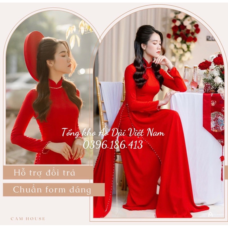 Áo dài đỏ đính kết ngọc ful tà mềm mịn, co dãn, áo dài cưới - Tổng kho Áo dài Việt Nam