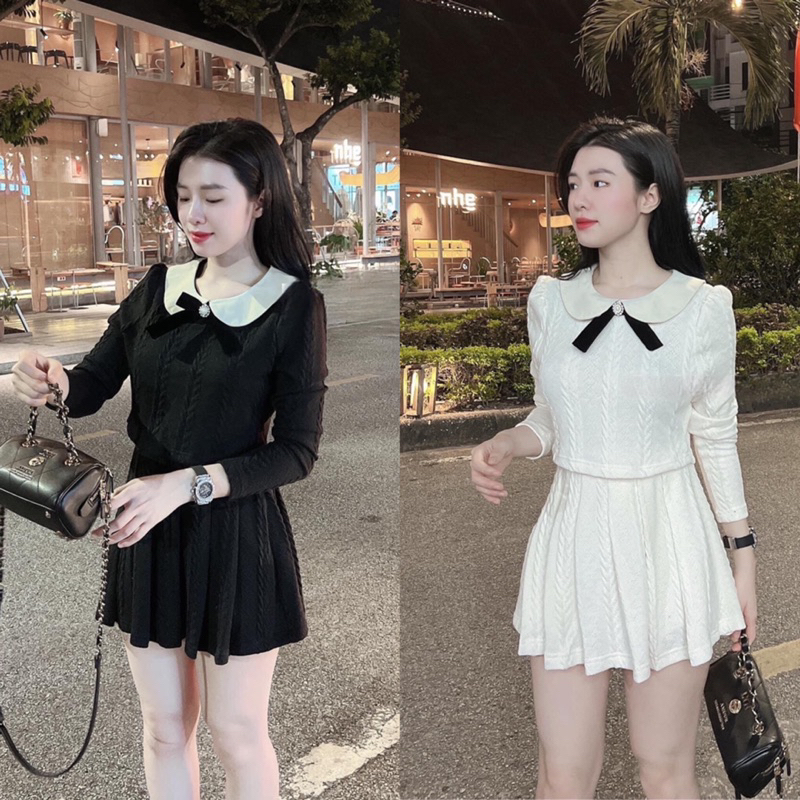 Set Len Áo Nờ Dài Tay mix Chân Váy ly