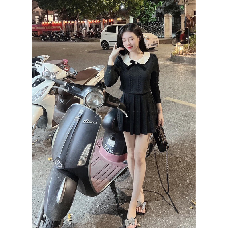 Set Len Áo Nờ Dài Tay mix Chân Váy ly