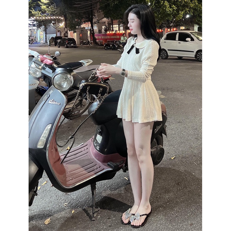 Set Len Áo Nờ Dài Tay mix Chân Váy ly