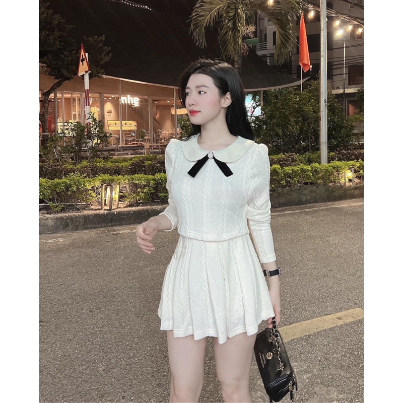 Set Len Áo Nờ Dài Tay mix Chân Váy ly