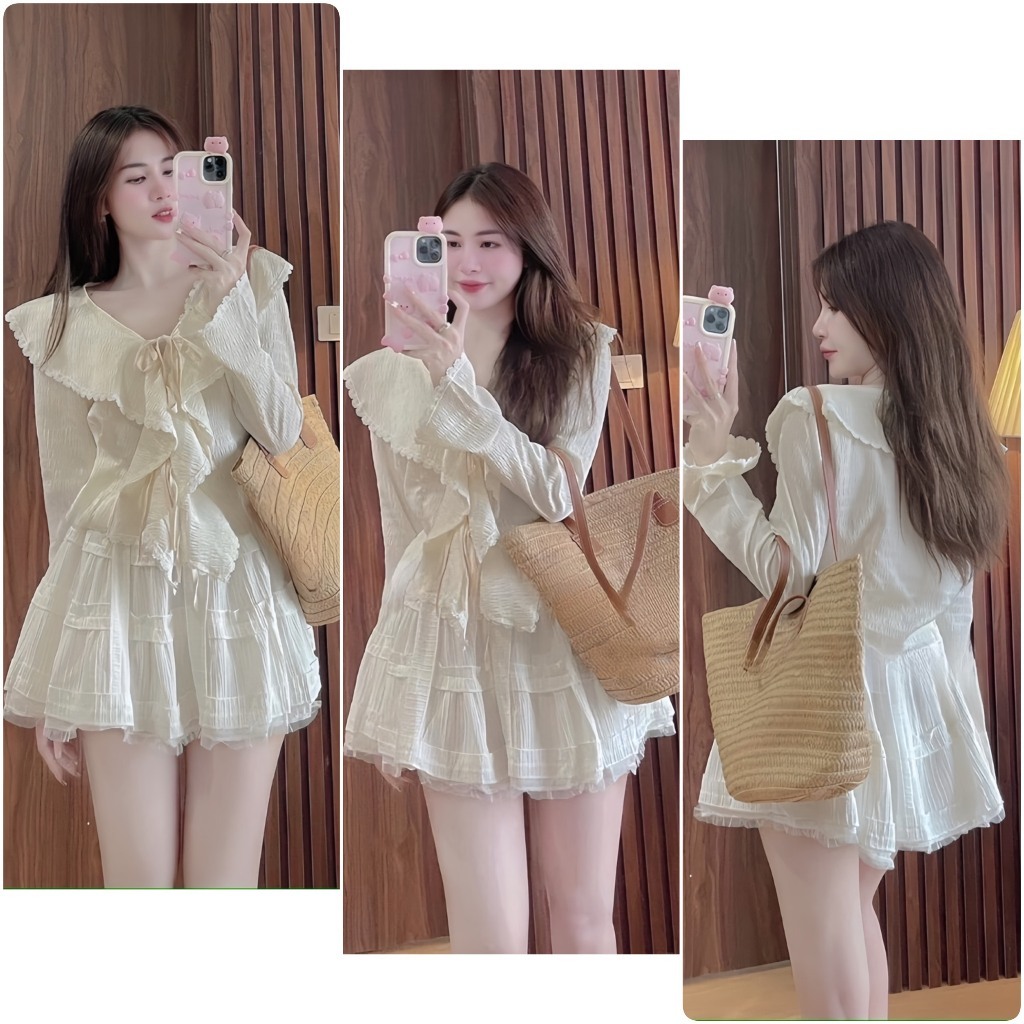 Set váy xòe áo sơ mi kiểu bèo phối ren chất đũi gân chiết eo có dây buộc sau tôn eo,chân váy có quần trong HB156 HOASUMO
