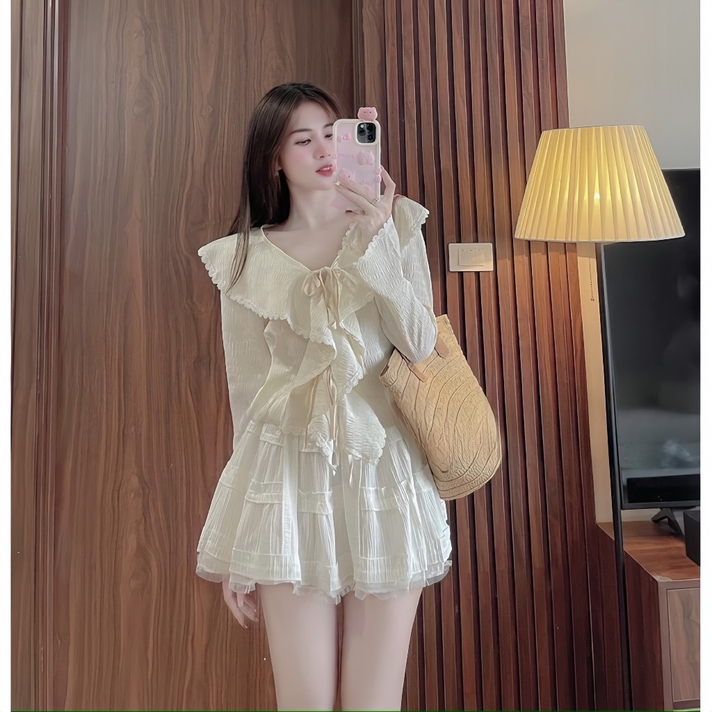 Set váy xòe áo sơ mi kiểu bèo phối ren chất đũi gân chiết eo có dây buộc sau tôn eo,chân váy có quần trong HB156 HOASUMO