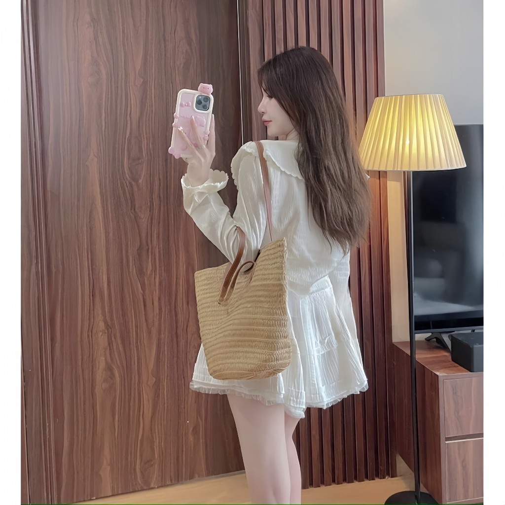 Set váy xòe áo sơ mi kiểu bèo phối ren chất đũi gân chiết eo có dây buộc sau tôn eo,chân váy có quần trong HB156 HOASUMO