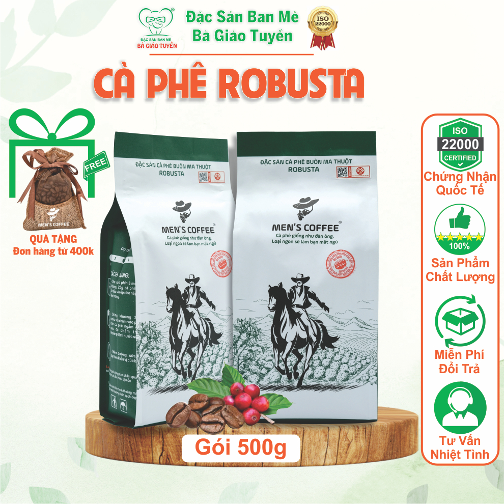 Cà phê Robusta rang mộc nguyên chất Men's Coffee 1Kg Vị Đậm Đà, HươngThơm Quyến Rũ, Ngọt Hậu