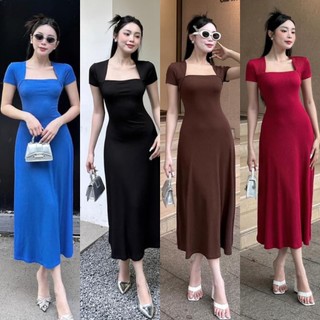 Đầm cổ vuông tay ngắn phom dài dáng xoè chất thun thái cao cấp có giãn thích hợp mặc đi tiệc đi làm đi chơi