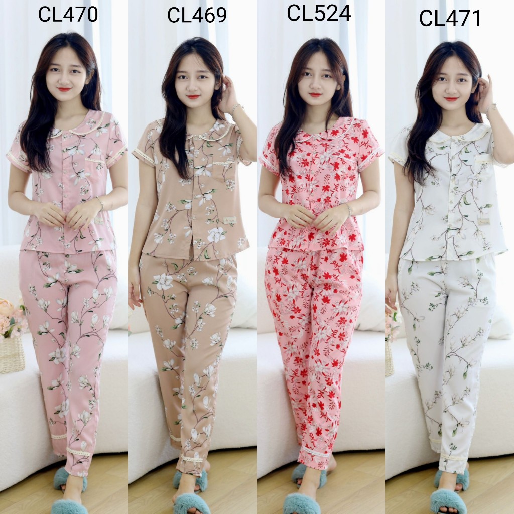 (Bunnysky) Đồ bộ mặc nhà nữ, đồ bộ thiết kế mẫu cổ sen phối ren vải lụa đẹp có lửng và cộc tay quần dài