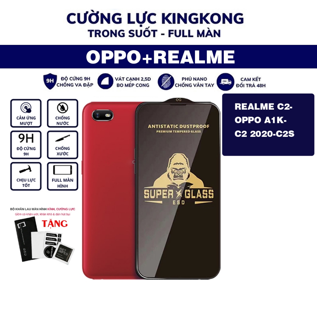 Kính cường lực KingKong Oppo A1K /REALME C2  full màn trong suất , màu đen ,bền ,hạn chế bụi ,xước, vân tay