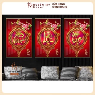 Tranh tráng gương pha lê PHÚC LỘC THỌ in UV trên chất liệu Mica sáng bóng treo cầu thang, phòng khách giá xưởng