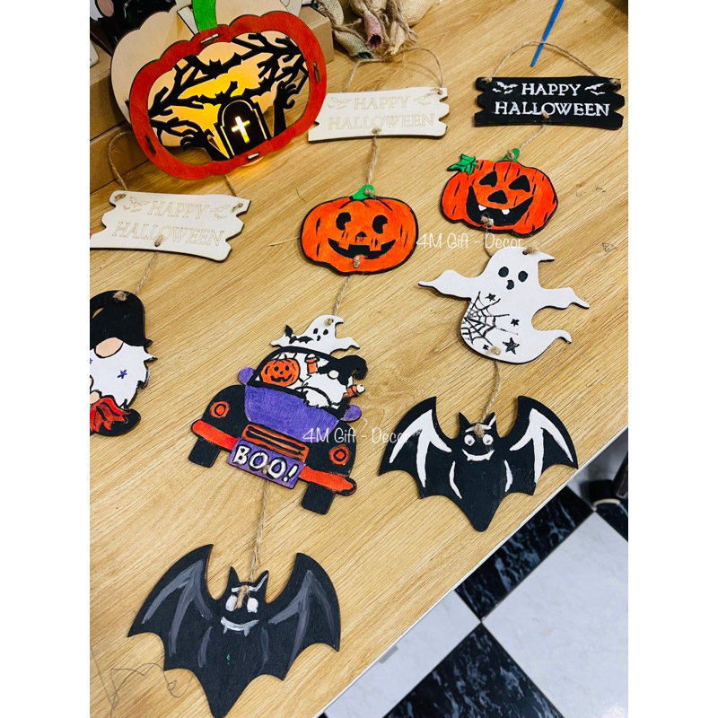 Bộ decor Halloween tô màu gỗ Diy, trang trí decor hình ma, bí, dơi, mèo, sọ, ông già noen