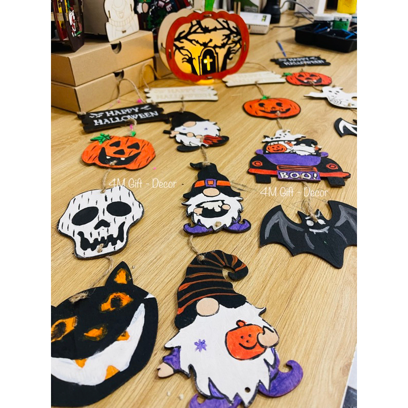 Bộ decor Halloween tô màu gỗ Diy, trang trí decor hình ma, bí, dơi, mèo, sọ, ông già noen