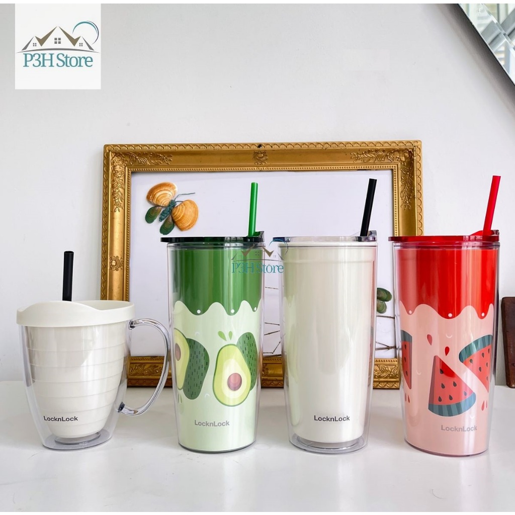 Ly nhựa 2 lớp LocknLock Cold Cup 360ml/600ml kèm ống nắp trượt đóng mở HAP523 HAP524 HAP525 P3HStore