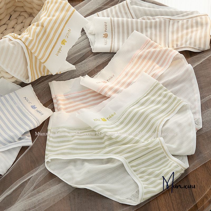 Quần lót nữ cạp su Nice rabbit MUNXUU chất cotton gân tăm co giãn phối họa tiết kẻ ngang trẻ trung xinh xắn - QC160