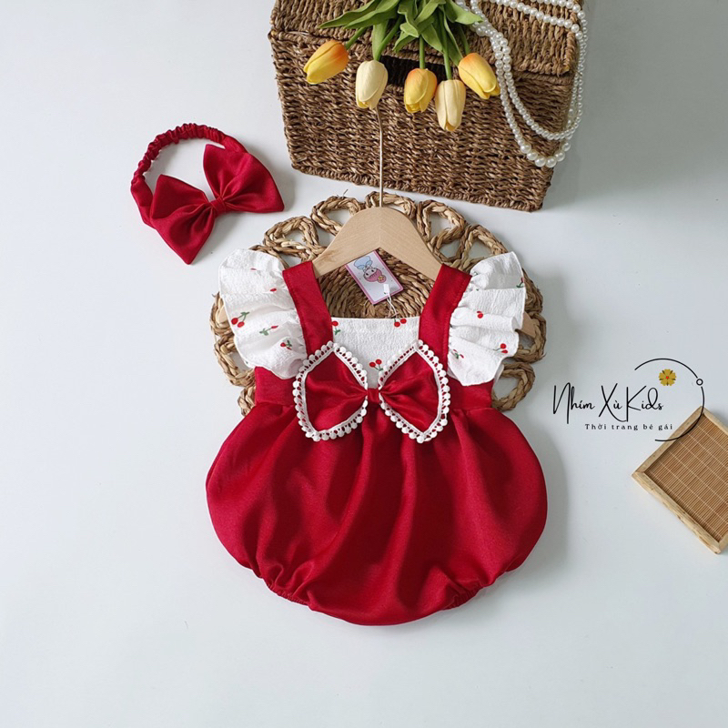 Body Yếm Cánh Tiên Đỏ NHÍM XÙ KIDS Cho Bé Gái Sơ Sinh, Đầy Tháng, Thôi Nôi Chất Lụa Ướt Phối Đũi Xốp B066