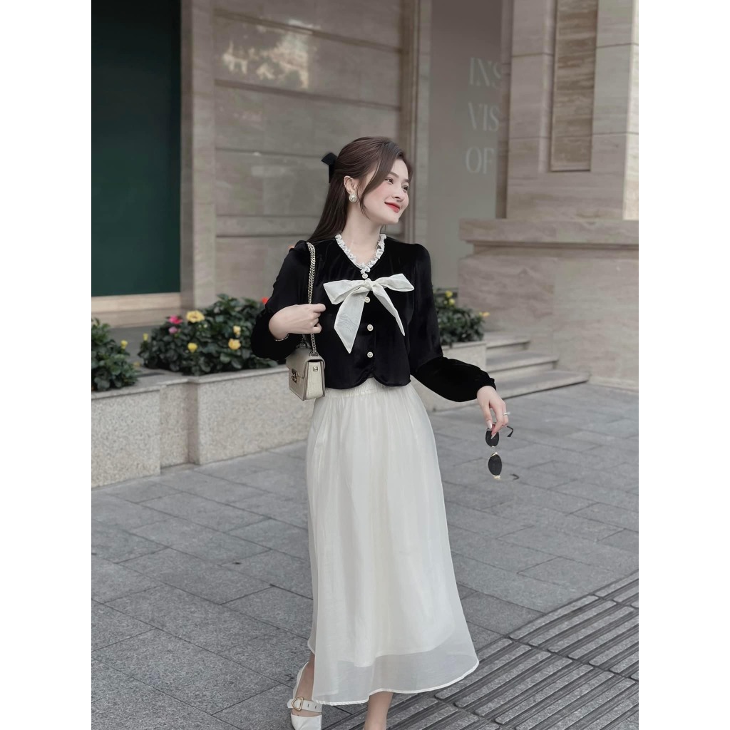 Set Bộ 2 Món Tiểu Thư Sang Chảnh: Áo Dài Tay Phối Viền Bèo Kết Nơ Nhẹ Nhàng + Chân Váy Xòe Tơ 2 Lớp