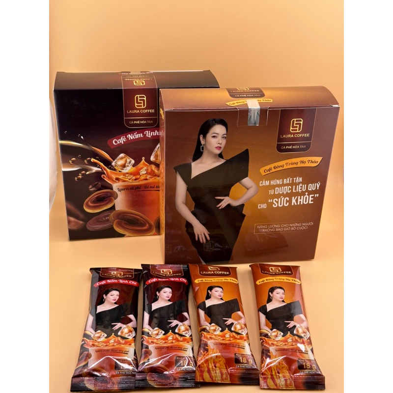 Combo 2 Sản phẩm Cà phê Nấm Linh Chi + Đông Trùng Hạ Thảo Laura Coffee hộp 10 gói