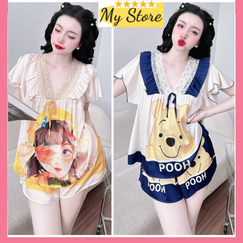 Set đùi nữ xinh xắn, bộ ngủ Pyjama dễ thương vải lụa latin in 5D cao cấp freesize dưới 62kg MY STORE