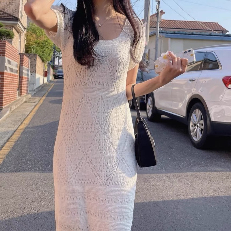 V272 Đầm váy len dài trắng tiểu thư nhẹ nhàng thu đông Noel phong cách Pháp Retro Vintage Taobao mới 2023