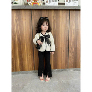 [Michis Babies - D20] Set áo dạ kèm quần ống loe phối ngọc sang chảnh cho bé, nơ tháo dời