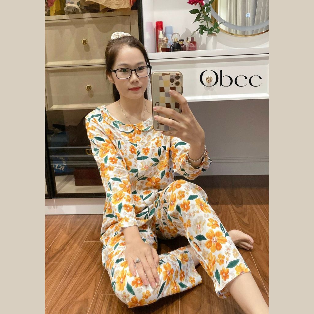 Đồ ngủ tay dài quần dài Obee's Closet cổ sen thanh lịch chất lanh cotton loại 1 mềm mát
