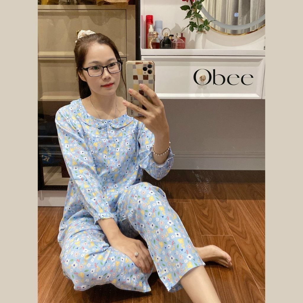 Đồ ngủ tay dài quần dài Obee's Closet cổ sen thanh lịch chất lanh cotton loại 1 mềm mát