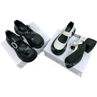 Giày đốc nữ da bóng quai hậu đính đá gót vuông 5p cho nữ