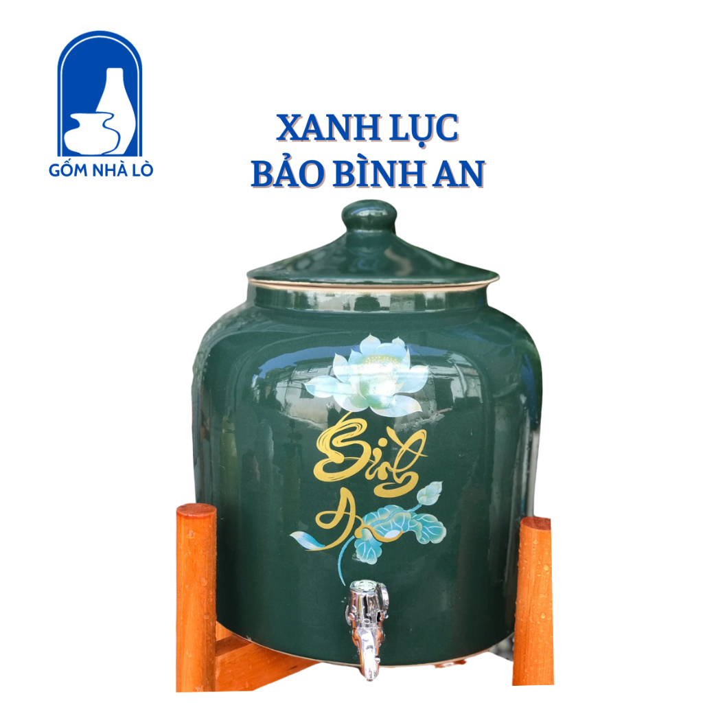Bình Đựng Nước Gốm Sứ Bát Tràng  Chữ Bình An Tài Lộc Bình Đựng Nước Có Vòi Dung Tích 5L 8L 10L Gốm Nhà Lò