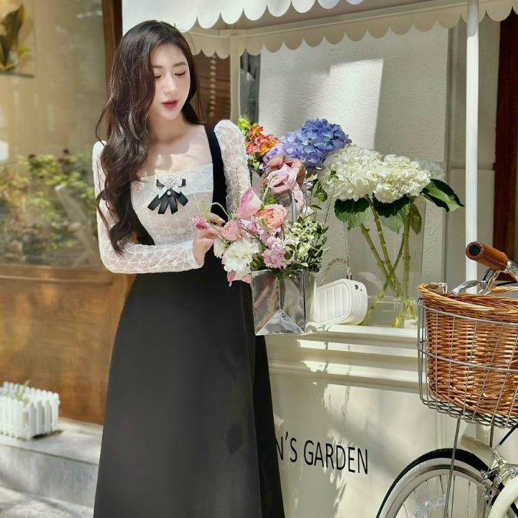 Khâu váy đen nơ cài dài tay váy xòe nhẹ phù hợp đi làm đi chơi